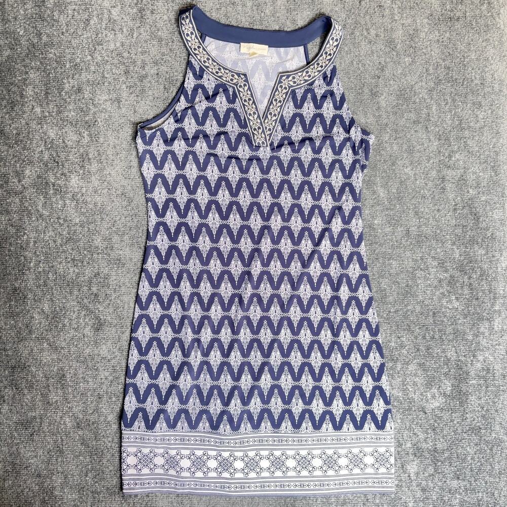 Magnolia Grace Blue White Sleeveless Shift Dress Split Neck Geometric Size M